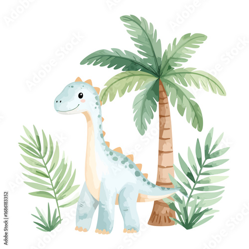 Charming watercolor illustration of a cute baby dinosaur character.