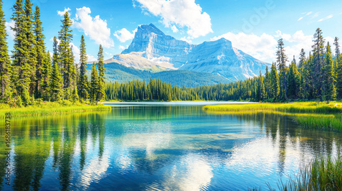 A remote mountain lake surrounded by tall pines with rugged peaks rising behind it.