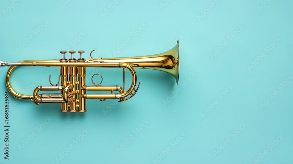 Fototapeta premium One trumpet on light blue background, closeup. Space for text
