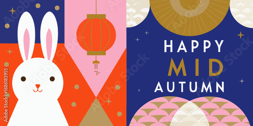 Happy mid autumn festival with cute rabbit and lantern