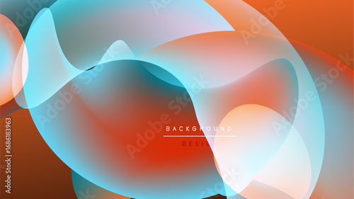 Abstract fluid shapes blend, creating vibrant orange, blue gradients. Background is dark, emphasizing flowing forms, smooth transitions.