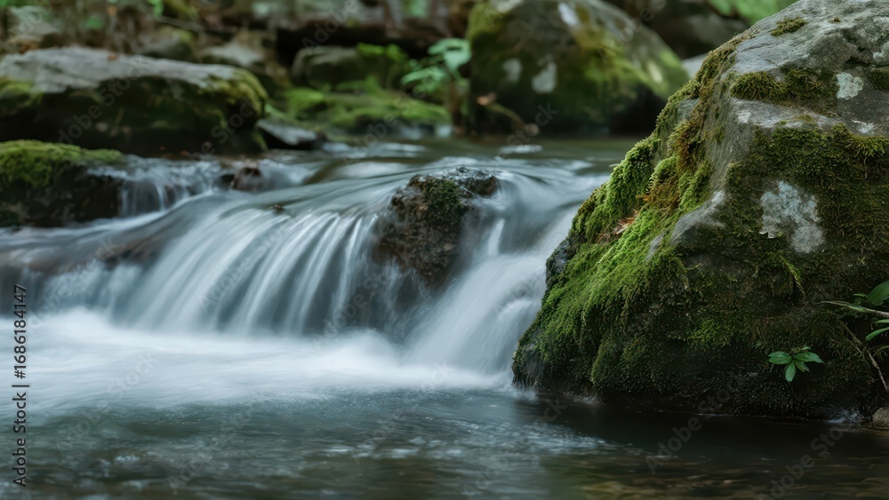 Fototapeta premium A mountain stream flows gently, passing through moss - covered rocks, presenting a fresh and natural mountain water scene. 
