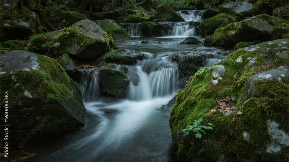 Fototapeta premium A mountain stream flows gently, passing through moss - covered rocks, presenting a fresh and natural mountain water scene. 
