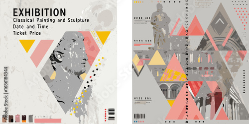 Abstract exhibition poster featuring classical sculpture and geometric shapes with event details