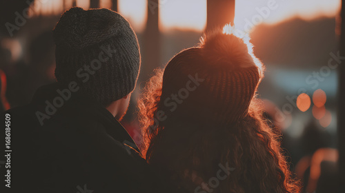 Fototapeta Naklejka Na Ścianę i Meble -  Couple in winter hat and jacket watching warm sunset glow over chilly waterfront, romantic mood and soft golden light