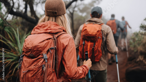 Hiker with orange backpack and beanie walking up misty mountain trail with trekking poles alongside companions in rain jacket and rugged terrain