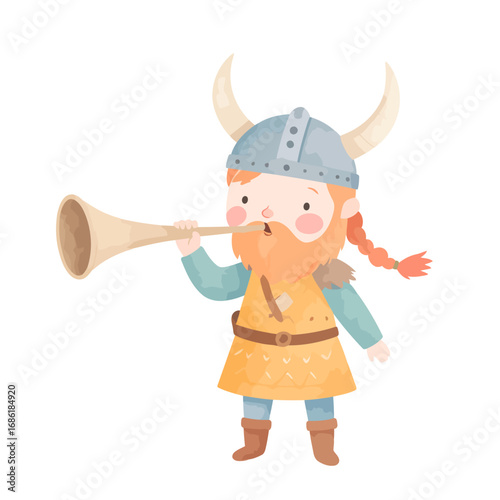 Cute cartoon viking blowing a horn.