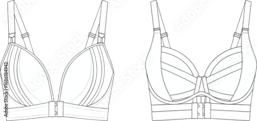 Lingerie bra technical flat, front and back view, underwire cup design, adjustable straps, detailed sewing lines, fashion cad drawing vector