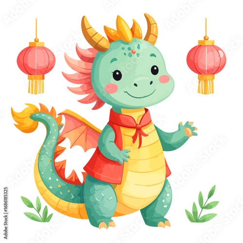 Cute cartoon dragon with traditional Chinese elements.