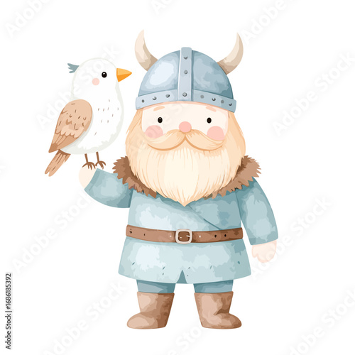 Adorable watercolor illustration of a friendly Viking with a bird.