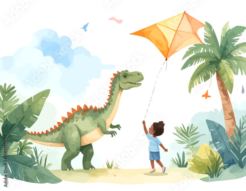 Child and Dinosaur Playing with Kite in Park.