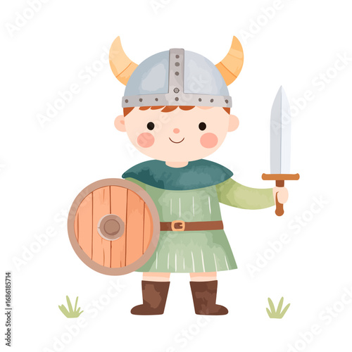 Cute Cartoon Viking Boy Warrior with Sword and Shield.