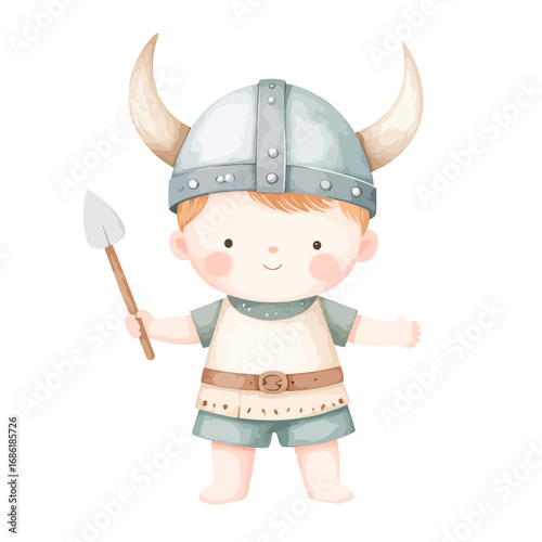 Cute watercolor illustration of a little viking boy with spear.