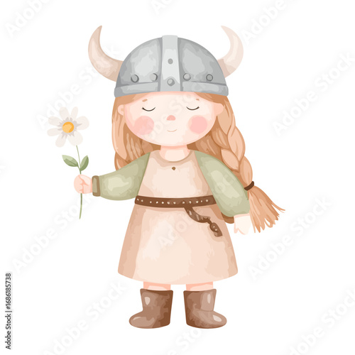 Cute Viking girl with blonde braids holding a daisy flower.