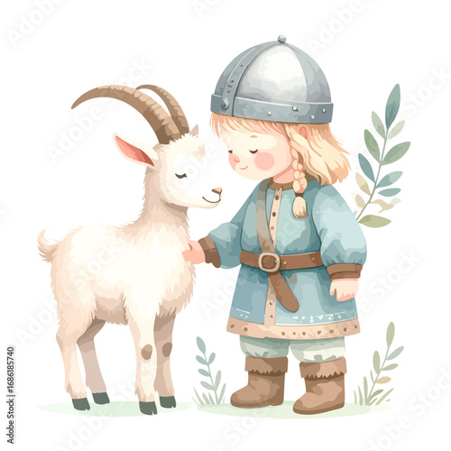 Cute Watercolor Illustration of a Viking Child and a Goat.