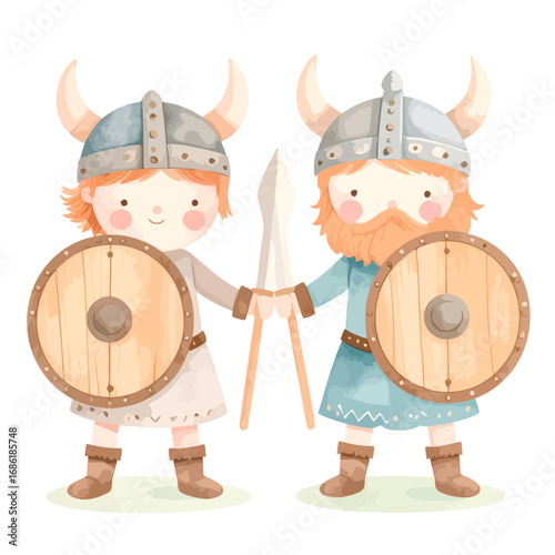Two Cute Cartoon Vikings With Shields and Swords Ready for Adventure.