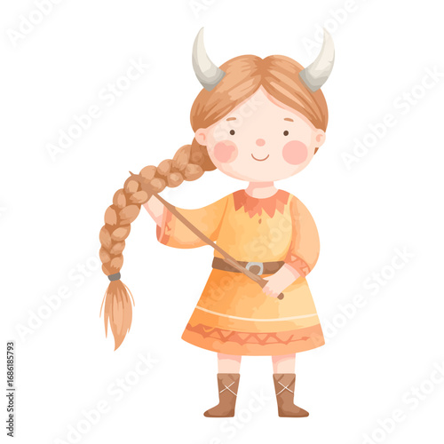 Cute watercolor illustration of a young girl dressed as a viking warrior.