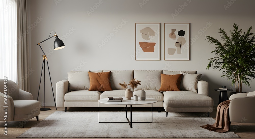 Fototapeta premium Modern Living Room Interior with Beige Sofa and Geometric Art