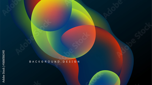 Abstract colorful shapes overlap, creating vibrant fluid design. Dark background emphasizes bright gradients, smooth transitions. Modern aesthetic.