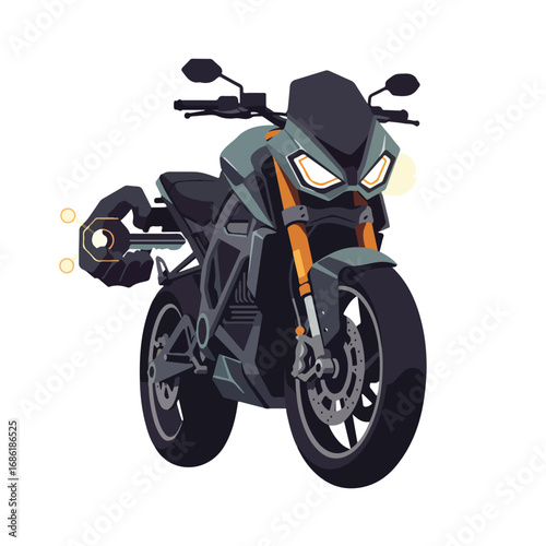 A stylized gray motorcycle with bright orange suspension is shown from the front A hand holds a key near the motorcycles side
