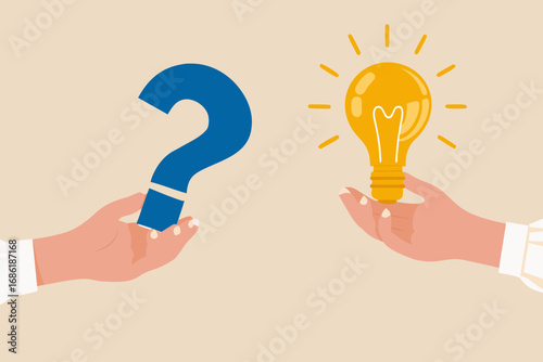 Two hands holding a question mark and a glowing light bulb representing problem solving and finding solutions