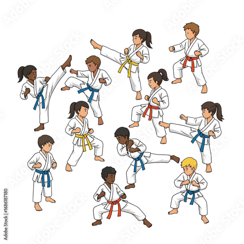 Children in various karate poses, demonstrating different kicks and stances.