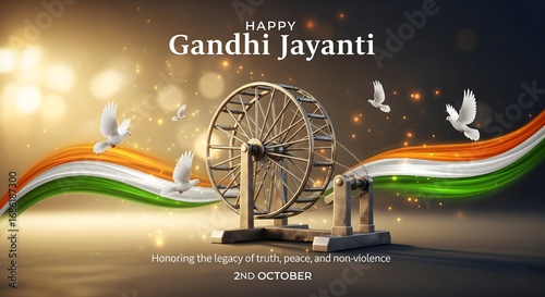Happy gandhi jayanti celebration with indian flag and spinning wheel