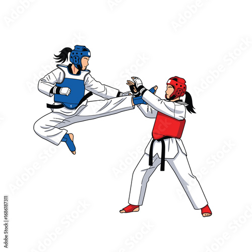 Two female Taekwondo athletes sparring, one executing a high kick, demonstrating dynamic martial arts action.