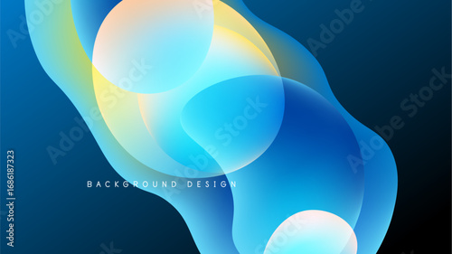 Abstract flowing shapes, vibrant blues, yellows, whites over dark background. Modern design, smooth gradients create dynamic visual effect.