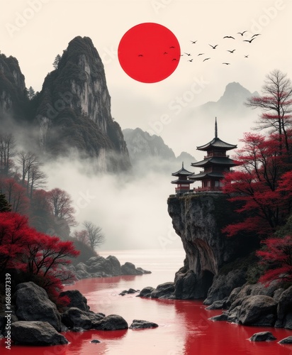 Serene Oriental Landscape with Pagodas, Bridge, and Majestic Mountains Under Red Sun