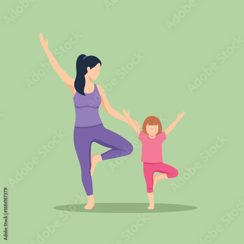 Mother and daughter practicing yoga together, mirroring poses, promoting health and bonding.