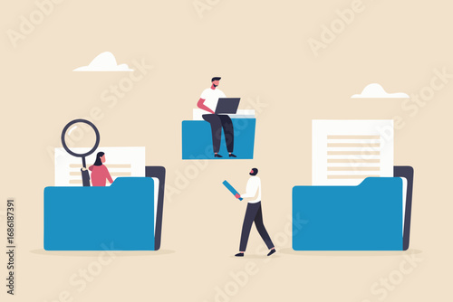 People working with digital files and documents in folders analyzing data and information