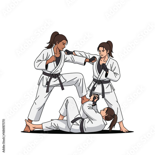 Three women in martial arts uniforms demonstrating a self-defense technique.