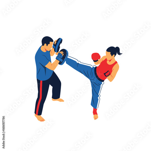 Two individuals practicing martial arts, one kicking towards a target held by the other.