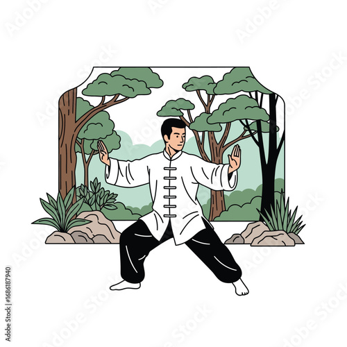 Man in traditional clothing practices Tai Chi outdoors, surrounded by trees and rocks in a stylized illustration.