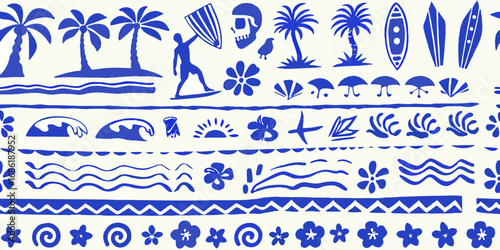 Blue and white tropical summer beach pattern with palm trees surfboards and flowers