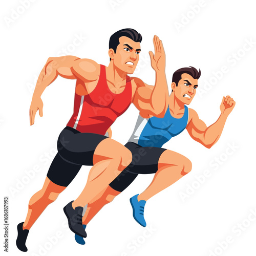 Two muscular male athletes in racing attire compete, running with determination and focused expressions.