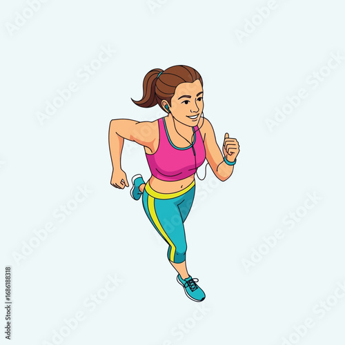 A young woman enjoys a vigorous outdoor jog, wearing athletic gear and listening to music.