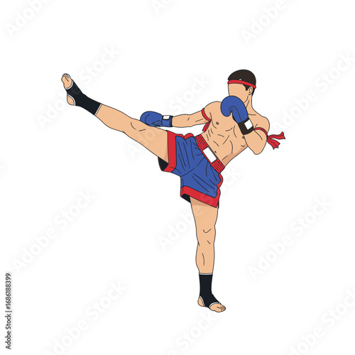 Muay Thai fighter executing a powerful high kick, showcasing athleticism and martial arts skill.