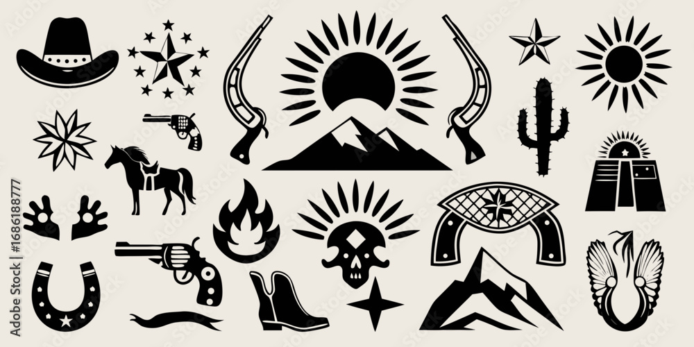 Fototapeta premium Collection of western and cowboy themed graphic design elements and icons in black silhouette