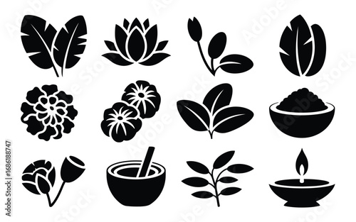 Vector art of collection of ayurvedic and holistic health symbols includes plant, flower, and bowl, representing natural healing and wellbeing