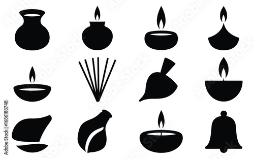 Vector art of collection of traditional diwali symbols, featuring diyas, incense sticks, and other cultural elements, perfect for festive designs and illustrations