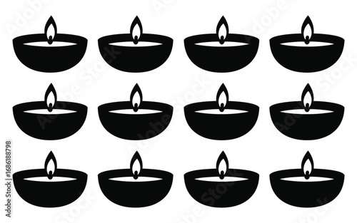Vector art of elegant diwali diya pattern, featuring multiple traditional oil lamps with flickering flames, ideal for festive backgrounds and celebratory designs