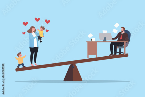 Mother and children on one side of a seesaw father working on the other symbolizing work life balance