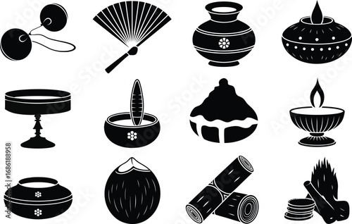 Vector art of silhouette illustration of hindu wedding items, featuring mangalsutra, hand fan, kalash, diya, thaali, turmeric, laddu, coconut, and firewood