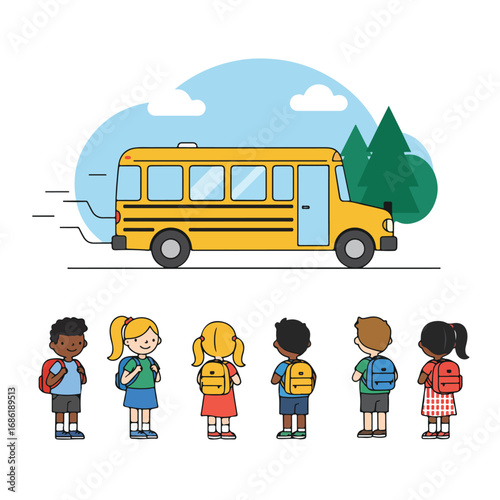 A yellow school bus cloud background and six children each with backpacks