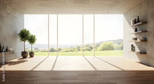 Modern Minimalist Interior with Concrete Walls and Large Window