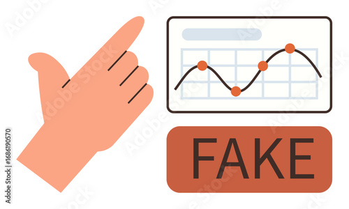 Hand pointing toward a chart with rising trendline and data points, labeled FAKE. Ideal for misinformation, data falsification, unethical practices, fake news, fraud awareness, skepticism, simple