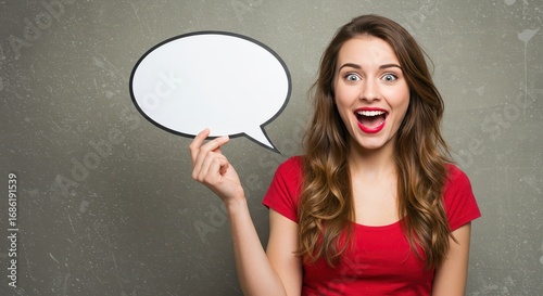 Communicative Impression: A captivating young woman in a vibrant red top holds an empty speech bubble, her wide-eyed expression conveys surprise and a sense of wonder.