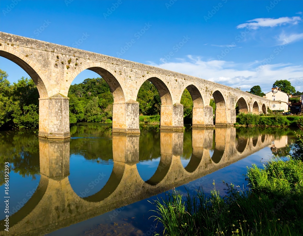 Fototapeta premium Stone arch bridge reflecting on tranquil river
